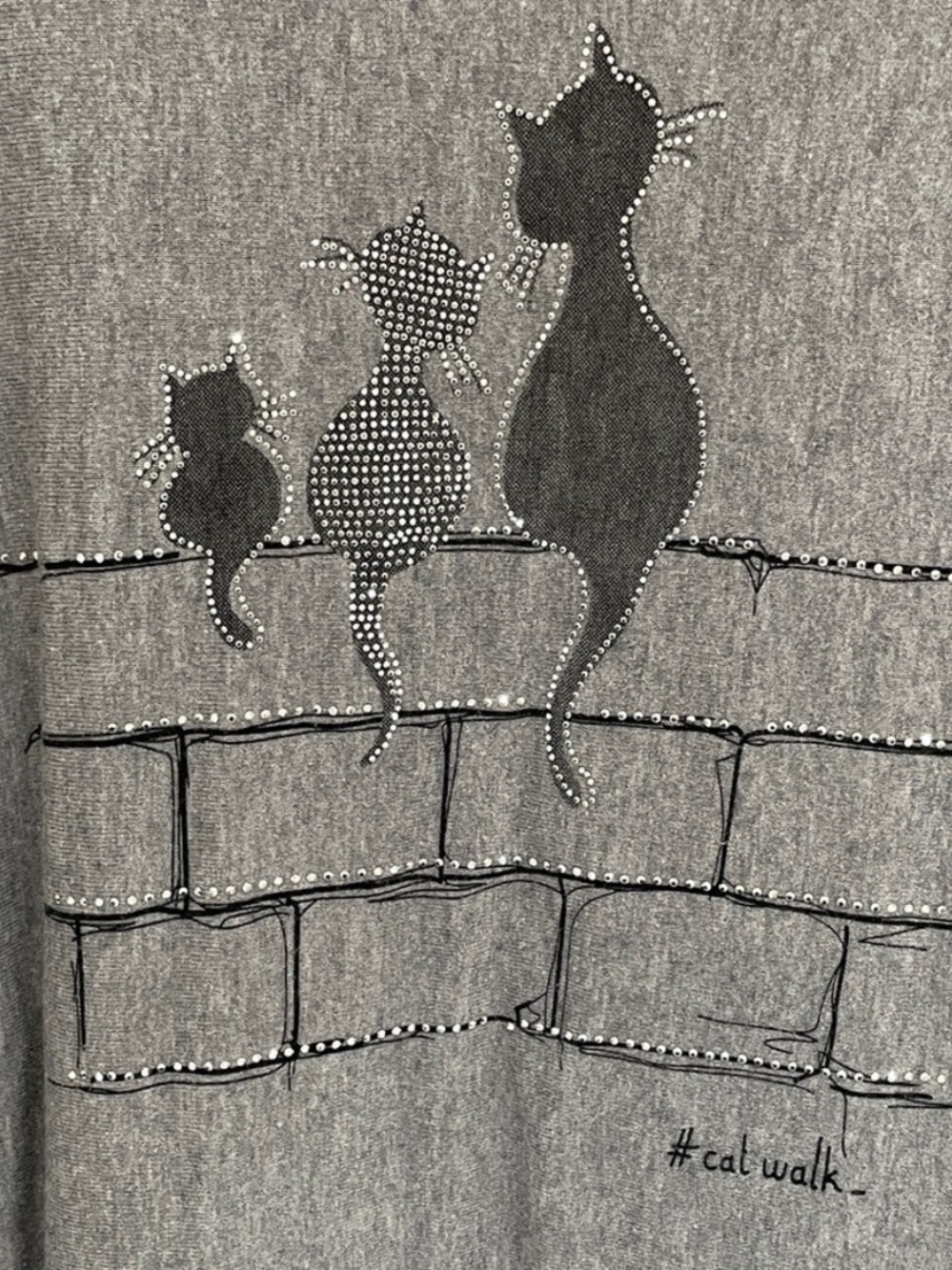 Cherry Bloom Paris Gray Cat Cashmere Blend Rhinestone Boat Neck Sweater One Size